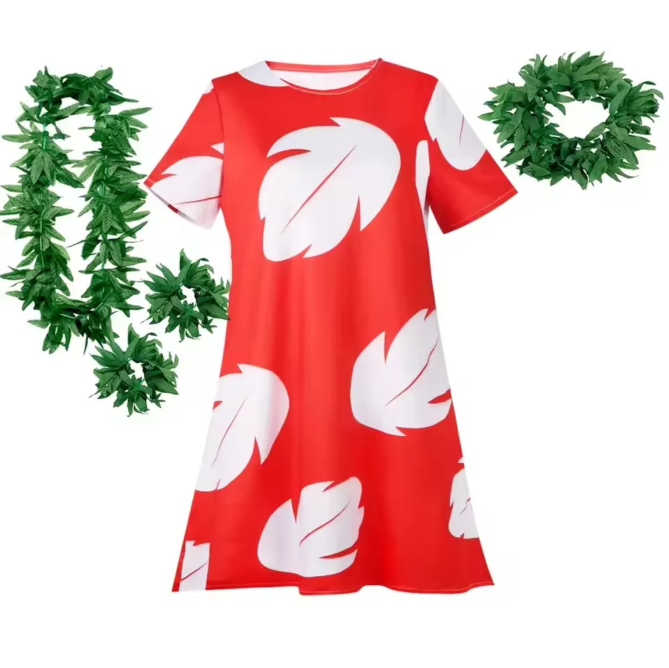 Lilo Costume for Girls Hawaii Princess Red Leaves Dress Up Outfits with Garland Kids Halloween Carnival Party Dresses