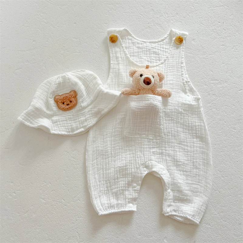 3Pcs Muslin Baby Jumpsuit Coat Hat Bear Baby Summer Clothes Set Kids Coat Romper White Toddler Outfit Suit Infant Clothing 0-3T