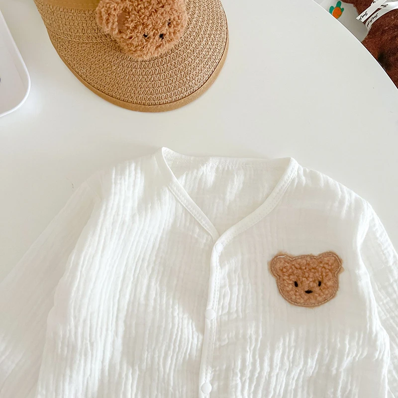 3Pcs Muslin Baby Jumpsuit Coat Hat Bear Baby Summer Clothes Set Kids Coat Romper White Toddler Outfit Suit Infant Clothing 0-3T