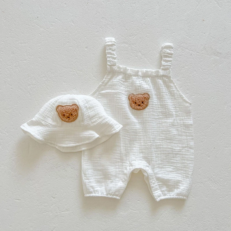 3Pcs Muslin Baby Jumpsuit Coat Hat Bear Baby Summer Clothes Set Kids Coat Romper White Toddler Outfit Suit Infant Clothing 0-3T