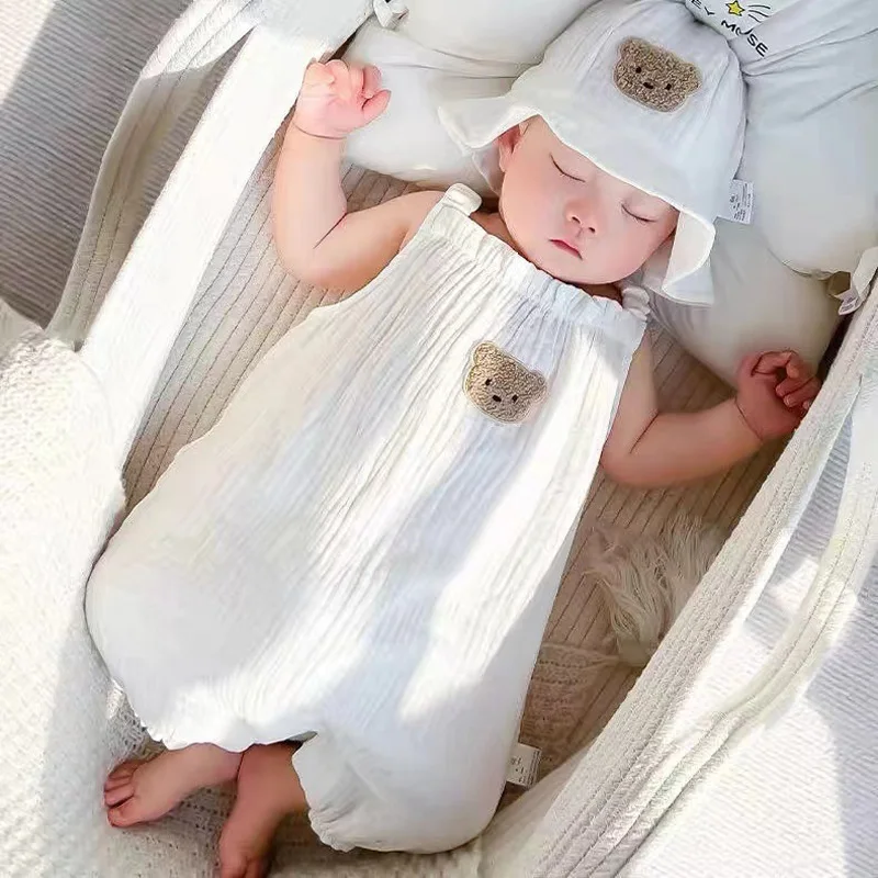 3Pcs Muslin Baby Jumpsuit Coat Hat Bear Baby Summer Clothes Set Kids Coat Romper White Toddler Outfit Suit Infant Clothing 0-3T