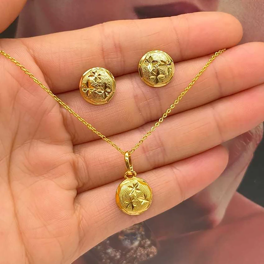 Women 18K Gold Plated Pendant Necklace and Drop Earrings Set Teardrop Star Round Flower Heart Gold Jewelry Accessories Gift