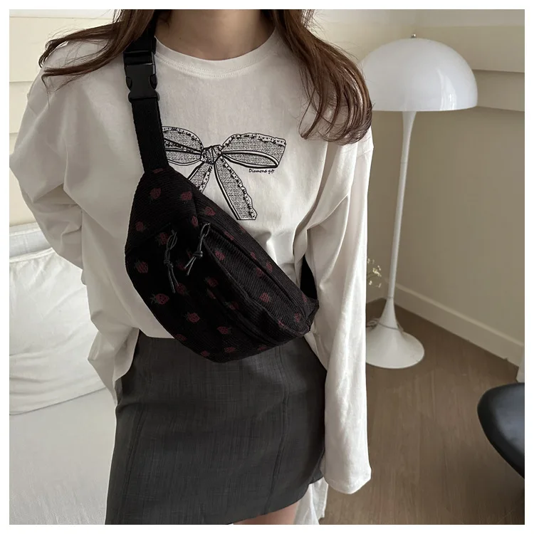 Waist Bag Women Men Corduroy Fanny Pack Strawberries Pocket Fashion Chest Handbag Sports Travel Purse Plaid WaistPack Belly Bags