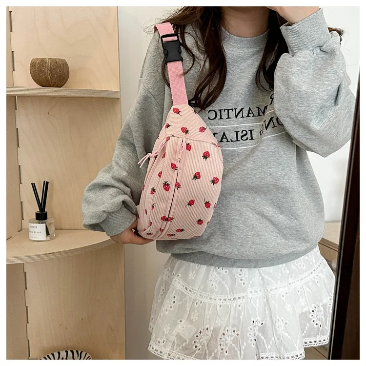 Waist Bag Women Men Corduroy Fanny Pack Strawberries Pocket Fashion Chest Handbag Sports Travel Purse Plaid WaistPack Belly Bags