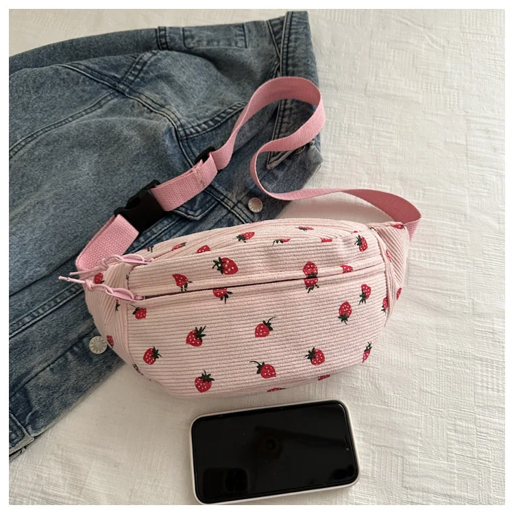 Waist Bag Women Men Corduroy Fanny Pack Strawberries Pocket Fashion Chest Handbag Sports Travel Purse Plaid WaistPack Belly Bags
