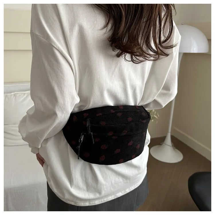 Waist Bag Women Men Corduroy Fanny Pack Strawberries Pocket Fashion Chest Handbag Sports Travel Purse Plaid WaistPack Belly Bags