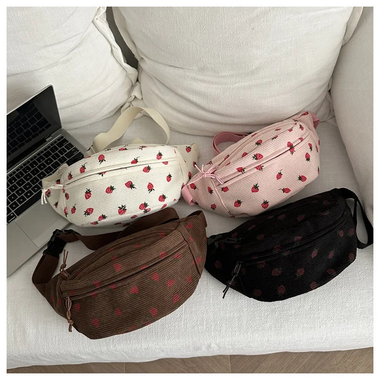 Waist Bag Women Men Corduroy Fanny Pack Strawberries Pocket Fashion Chest Handbag Sports Travel Purse Plaid WaistPack Belly Bags