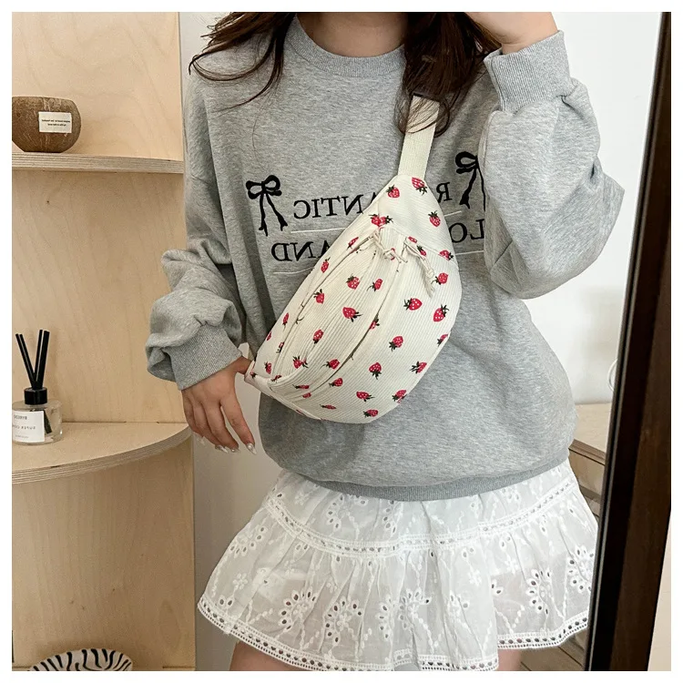 Waist Bag Women Men Corduroy Fanny Pack Strawberries Pocket Fashion Chest Handbag Sports Travel Purse Plaid WaistPack Belly Bags