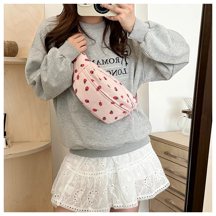 Waist Bag Women Men Corduroy Fanny Pack Strawberries Pocket Fashion Chest Handbag Sports Travel Purse Plaid WaistPack Belly Bags