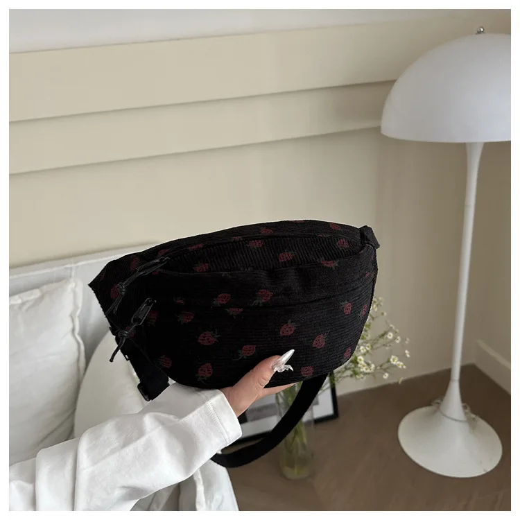 Waist Bag Women Men Corduroy Fanny Pack Strawberries Pocket Fashion Chest Handbag Sports Travel Purse Plaid WaistPack Belly Bags