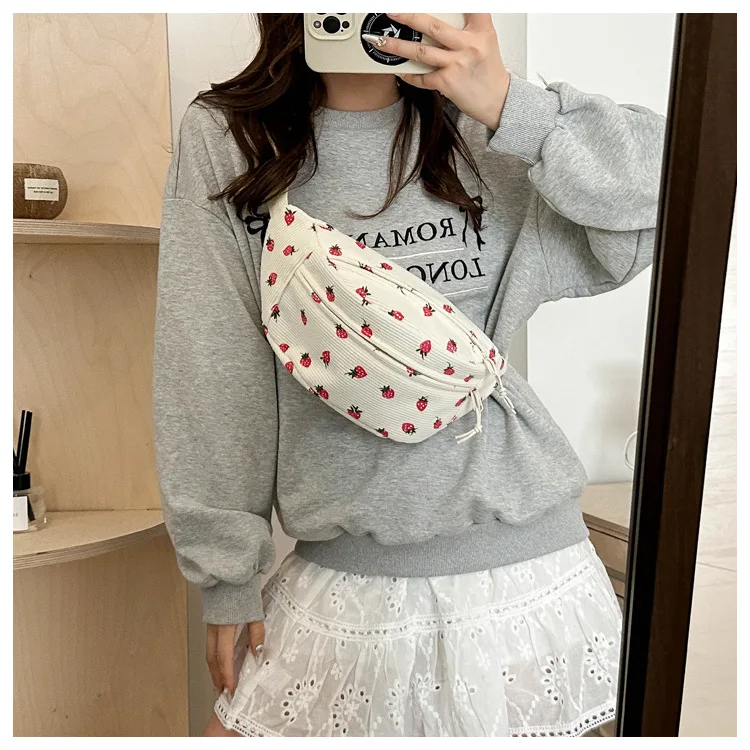 Waist Bag Women Men Corduroy Fanny Pack Strawberries Pocket Fashion Chest Handbag Sports Travel Purse Plaid WaistPack Belly Bags