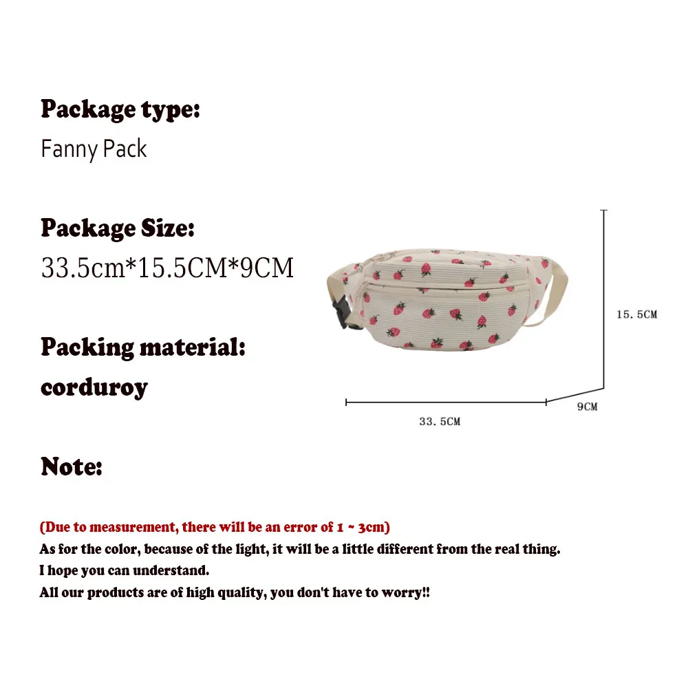 Waist Bag Women Men Corduroy Fanny Pack Strawberries Pocket Fashion Chest Handbag Sports Travel Purse Plaid WaistPack Belly Bags