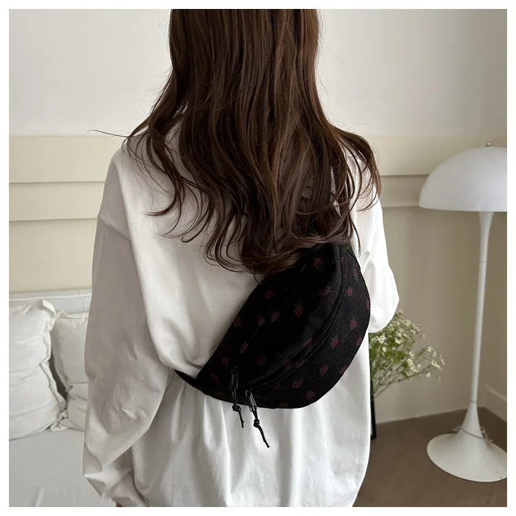 Waist Bag Women Men Corduroy Fanny Pack Strawberries Pocket Fashion Chest Handbag Sports Travel Purse Plaid WaistPack Belly Bags