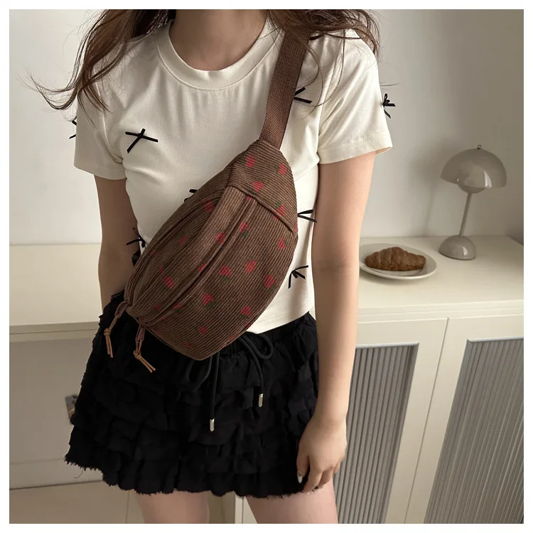 Waist Bag Women Men Corduroy Fanny Pack Strawberries Pocket Fashion Chest Handbag Sports Travel Purse Plaid WaistPack Belly Bags