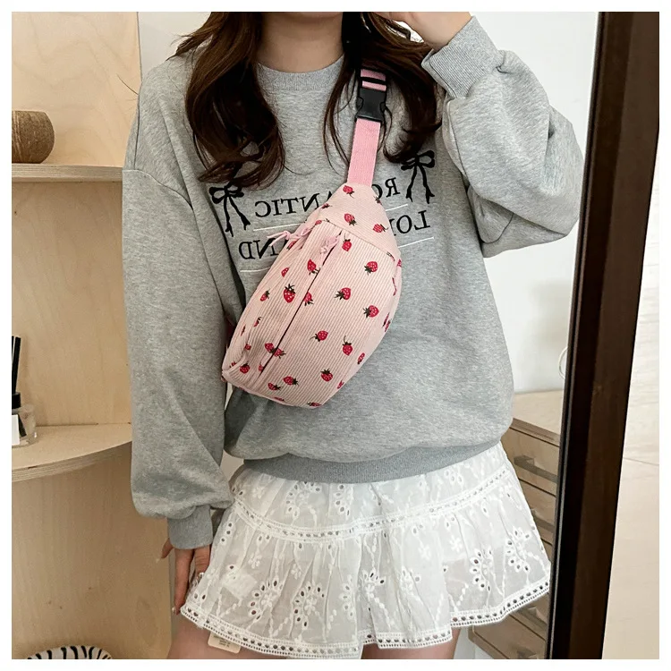 Waist Bag Women Men Corduroy Fanny Pack Strawberries Pocket Fashion Chest Handbag Sports Travel Purse Plaid WaistPack Belly Bags