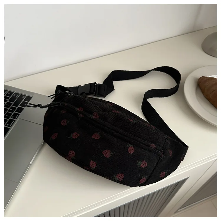 Waist Bag Women Men Corduroy Fanny Pack Strawberries Pocket Fashion Chest Handbag Sports Travel Purse Plaid WaistPack Belly Bags