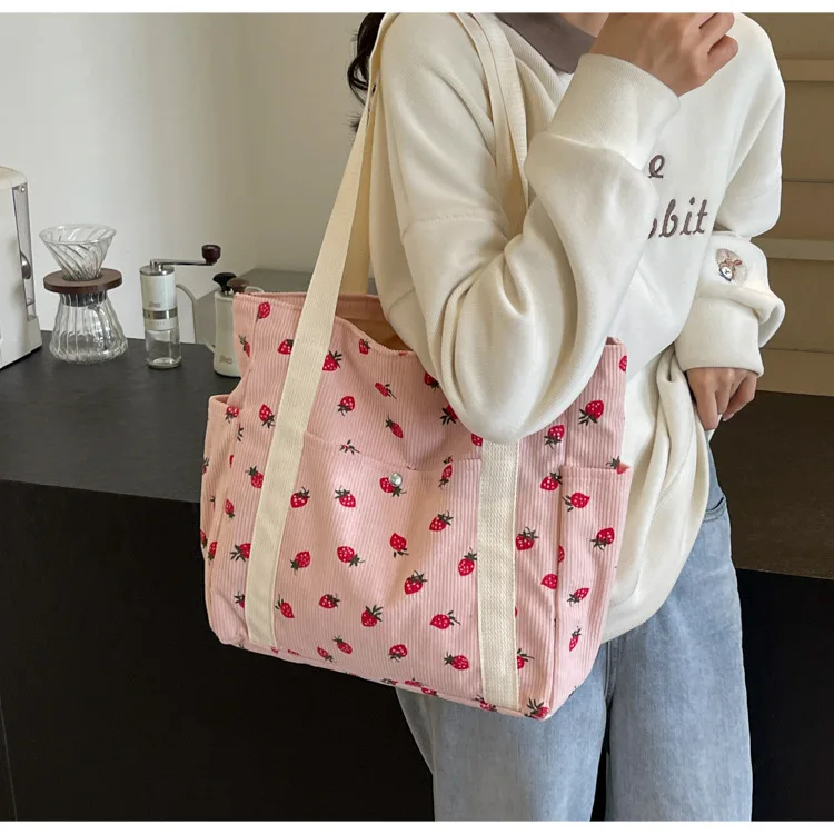 Strawberries Corduroy Handbag Sweet Women's Bag Fashionable Versatile Shoulder Bag Beautiful Simple Commuter Women's Tote Bags
