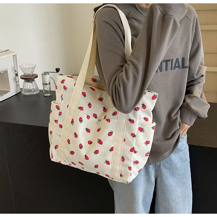 Strawberries Corduroy Handbag Sweet Women's Bag Fashionable Versatile Shoulder Bag Beautiful Simple Commuter Women's Tote Bags