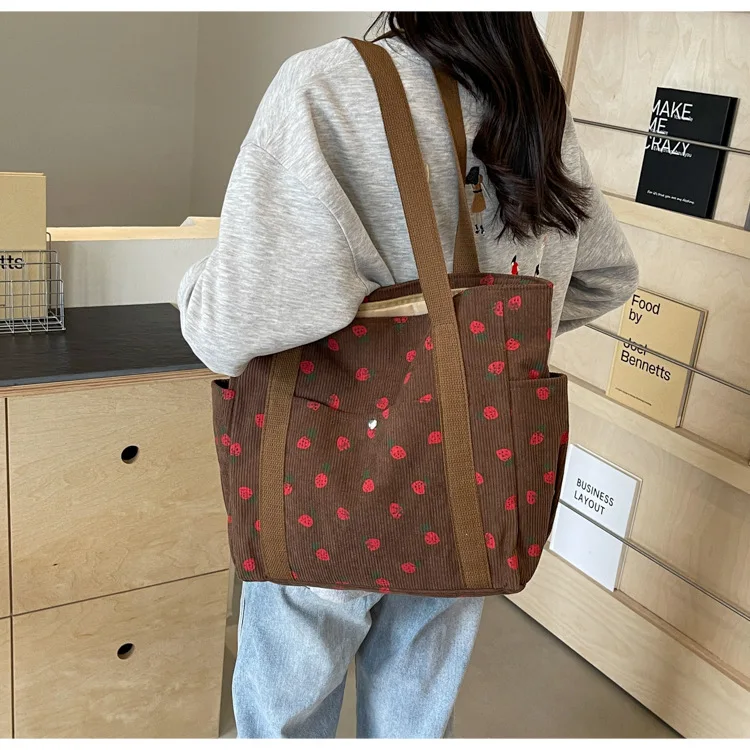 Strawberries Corduroy Handbag Sweet Women's Bag Fashionable Versatile Shoulder Bag Beautiful Simple Commuter Women's Tote Bags