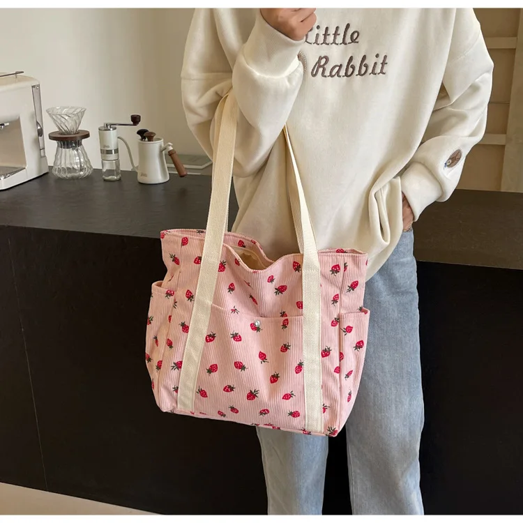 Strawberries Corduroy Handbag Sweet Women's Bag Fashionable Versatile Shoulder Bag Beautiful Simple Commuter Women's Tote Bags