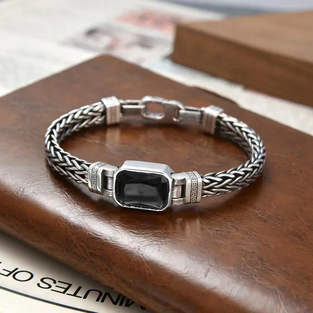 New Silver Color Couple Style Hand-Knitted Bracelet Old Vintage Black Stone Men Personalized Versatile 5MM Chain Fashion Jewelry