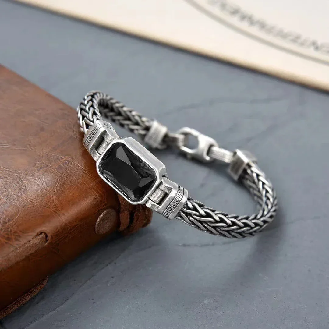 New Silver Color Couple Style Hand-Knitted Bracelet Old Vintage Black Stone Men Personalized Versatile 5MM Chain Fashion Jewelry