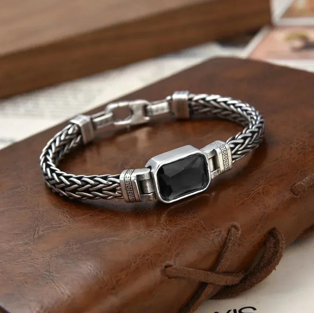 New Silver Color Couple Style Hand-Knitted Bracelet Old Vintage Black Stone Men Personalized Versatile 5MM Chain Fashion Jewelry