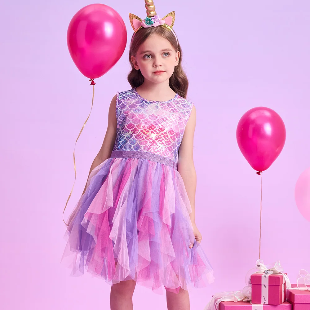 VIKITA Girls Mermaid Print Dress Kids Sleeveless Summer Vestidos Girls Patchwork Dresses Kids Layered Mesh Tulle Cake Dress
