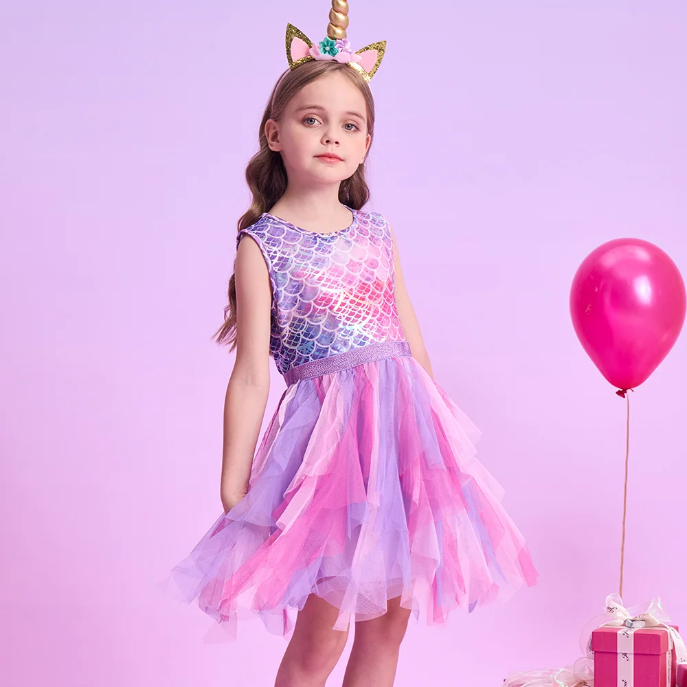 VIKITA Girls Mermaid Print Dress Kids Sleeveless Summer Vestidos Girls Patchwork Dresses Kids Layered Mesh Tulle Cake Dress