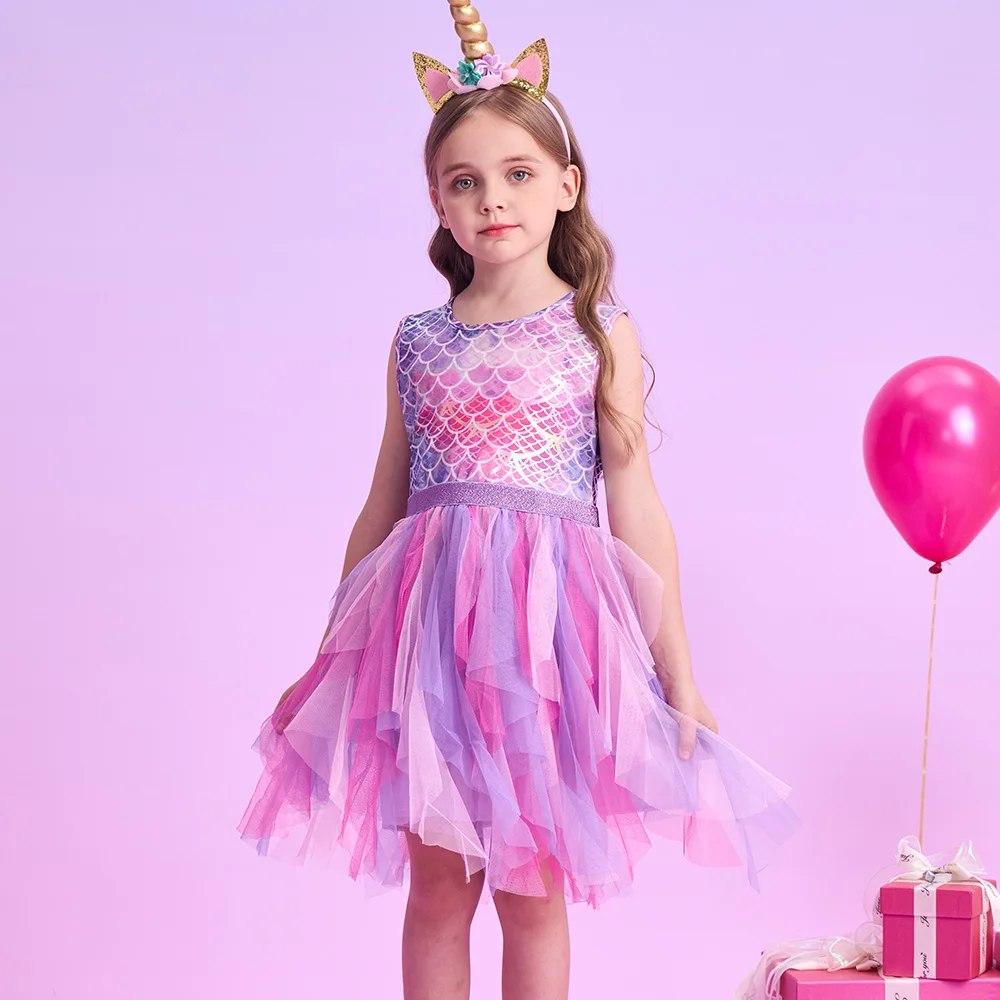VIKITA Girls Mermaid Print Dress Kids Sleeveless Summer Vestidos Girls Patchwork Dresses Kids Layered Mesh Tulle Cake Dress