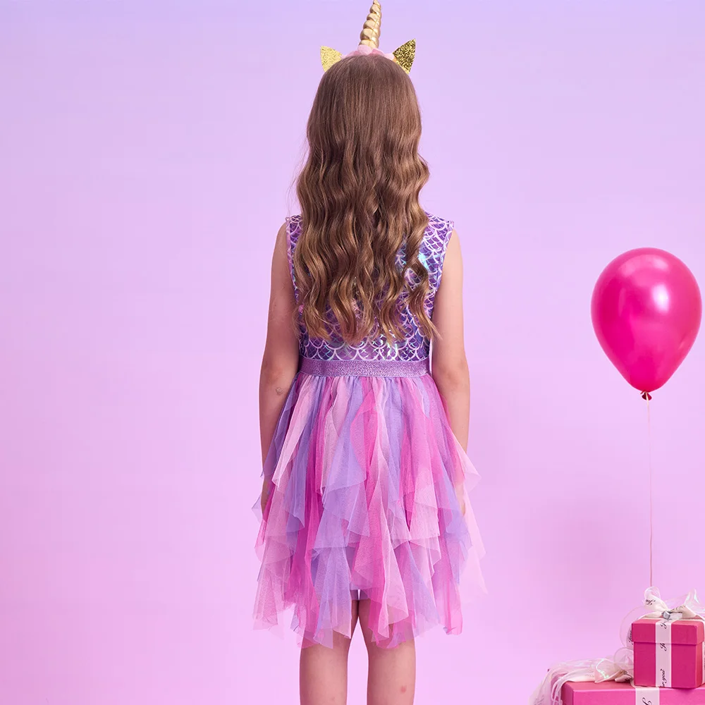 VIKITA Girls Mermaid Print Dress Kids Sleeveless Summer Vestidos Girls Patchwork Dresses Kids Layered Mesh Tulle Cake Dress