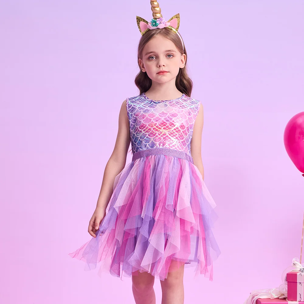 VIKITA Girls Mermaid Print Dress Kids Sleeveless Summer Vestidos Girls Patchwork Dresses Kids Layered Mesh Tulle Cake Dress
