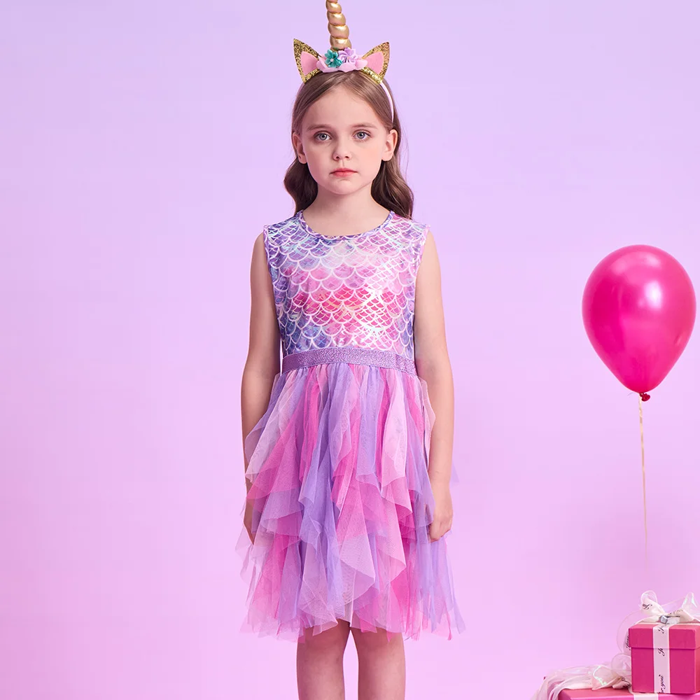 VIKITA Girls Mermaid Print Dress Kids Sleeveless Summer Vestidos Girls Patchwork Dresses Kids Layered Mesh Tulle Cake Dress