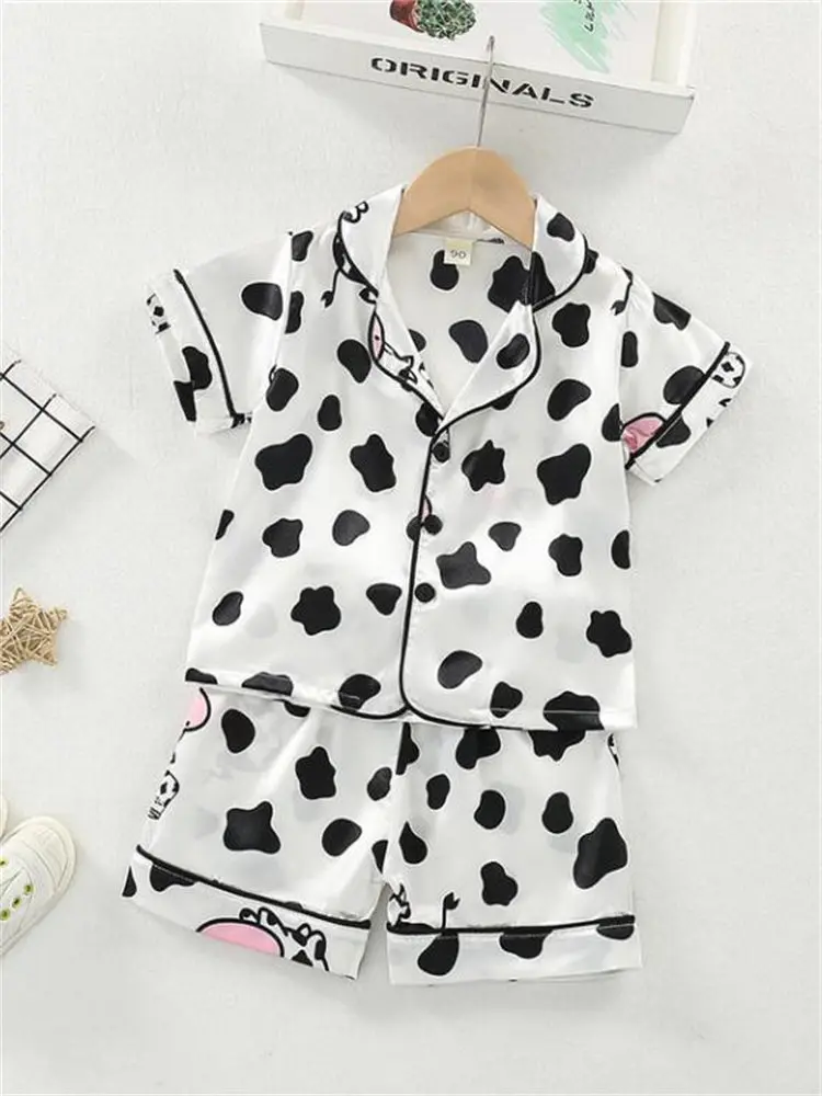 Boys Girls Kids Pajama Sets Cartoon Cow Short Sleeve T-Shirt Tops with Pants Toddler Baby Sleeping Clothes Pijamas Sleepwear