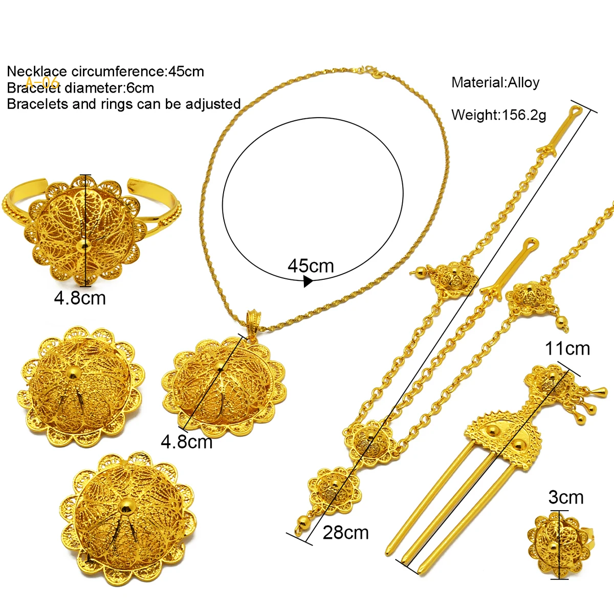 ANIID Ethiopian 24k Gold Plated 6PCS Jewelry Sets For Women Indian Dubai High Quality Necklace Set Wedding Party Gifts