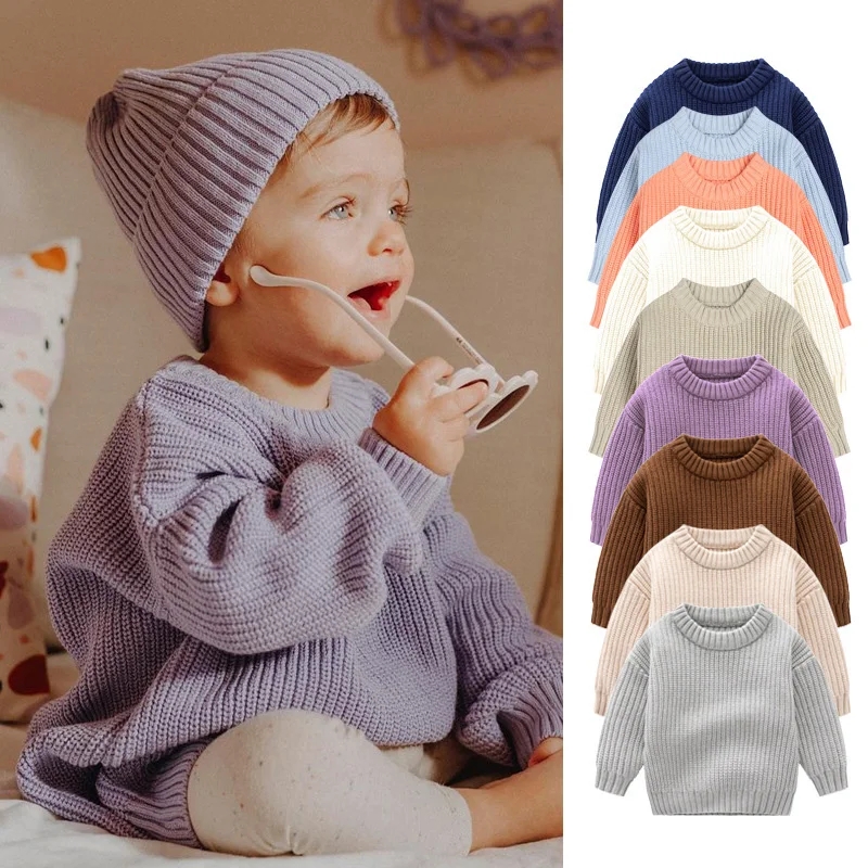 2024 Autumn Newborn Baby Girl Boy Knitted Sweater Long Sleeve Winter Sweater Solid Loose Pullover Casual Tops 3M-6Y Kids Clothes