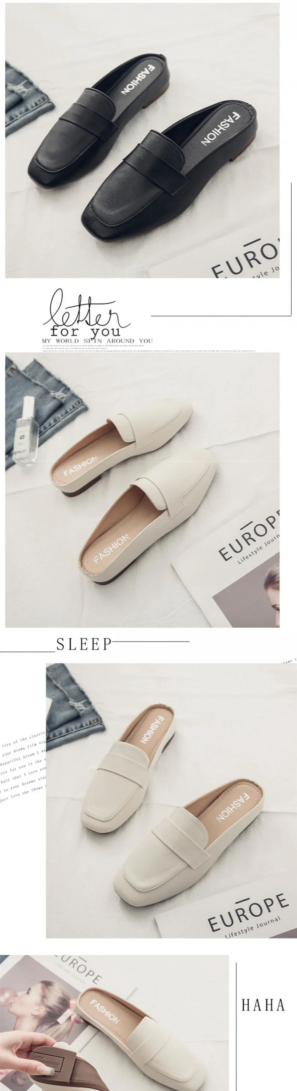 Baotou Half Slippers Women 2024 New Fashion Flat Soft Leather Slip-on Lazy Soft Sole Flat Shoes Zapatos Mujer Women Shoes
