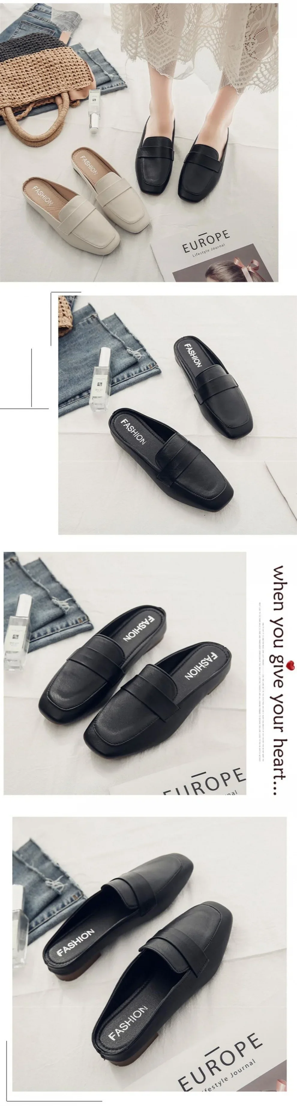 Baotou Half Slippers Women 2024 New Fashion Flat Soft Leather Slip-on Lazy Soft Sole Flat Shoes Zapatos Mujer Women Shoes