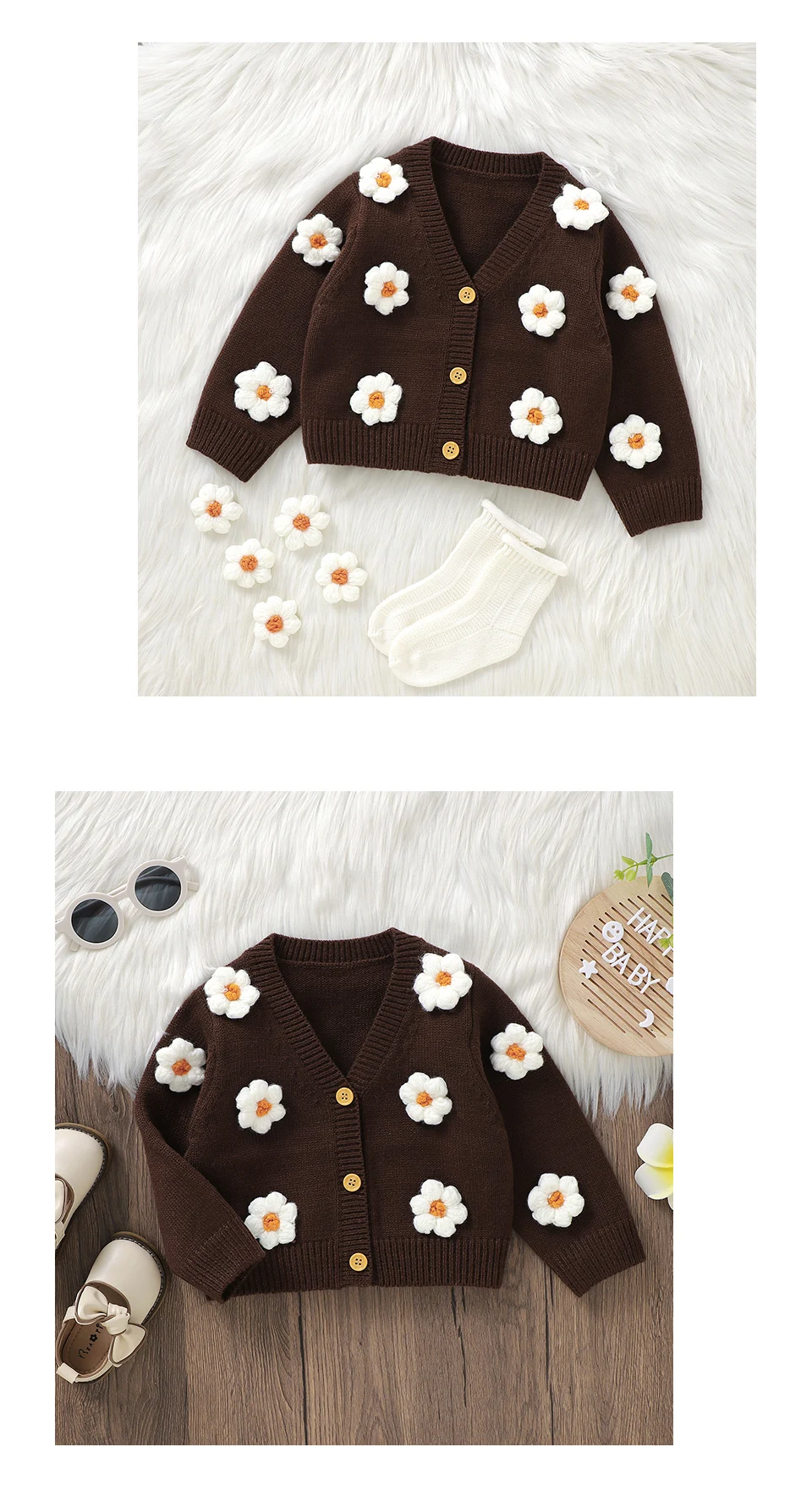 Sweet Long Sleeve V-neck Single Breasted Baby Girls Spring & Fall Coat Knitted Acrylic Babies Cardigan For 6-36 Months Newborn
