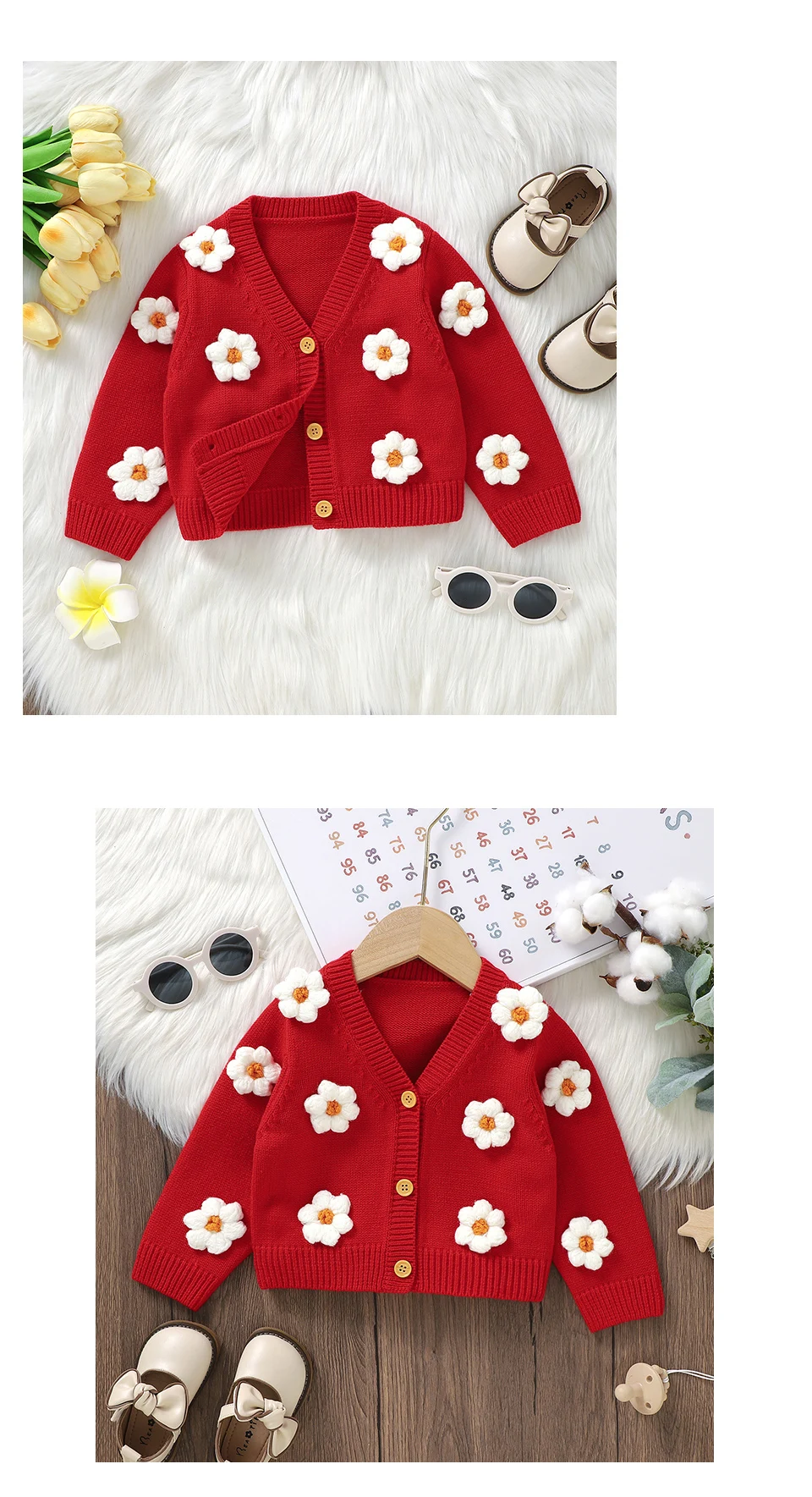 Sweet Long Sleeve V-neck Single Breasted Baby Girls Spring & Fall Coat Knitted Acrylic Babies Cardigan For 6-36 Months Newborn