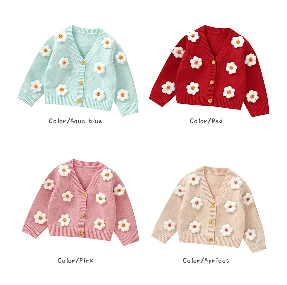 Sweet Long Sleeve V-neck Single Breasted Baby Girls Spring & Fall Coat Knitted Acrylic Babies Cardigan For 6-36 Months Newborn