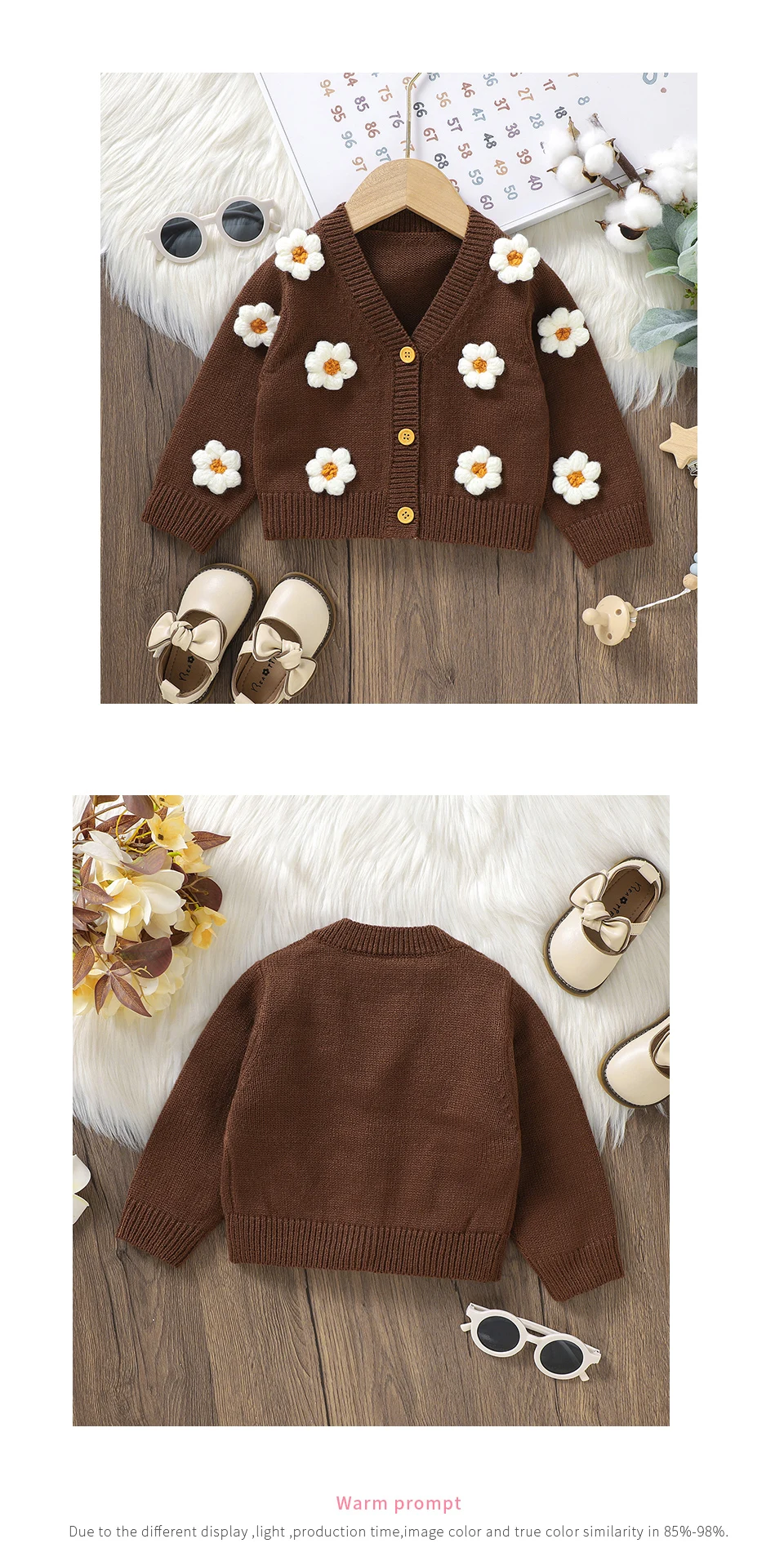 Sweet Long Sleeve V-neck Single Breasted Baby Girls Spring & Fall Coat Knitted Acrylic Babies Cardigan For 6-36 Months Newborn