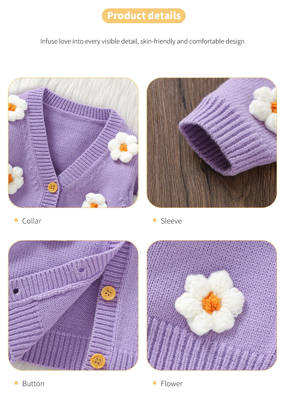 Sweet Long Sleeve V-neck Single Breasted Baby Girls Spring & Fall Coat Knitted Acrylic Babies Cardigan For 6-36 Months Newborn