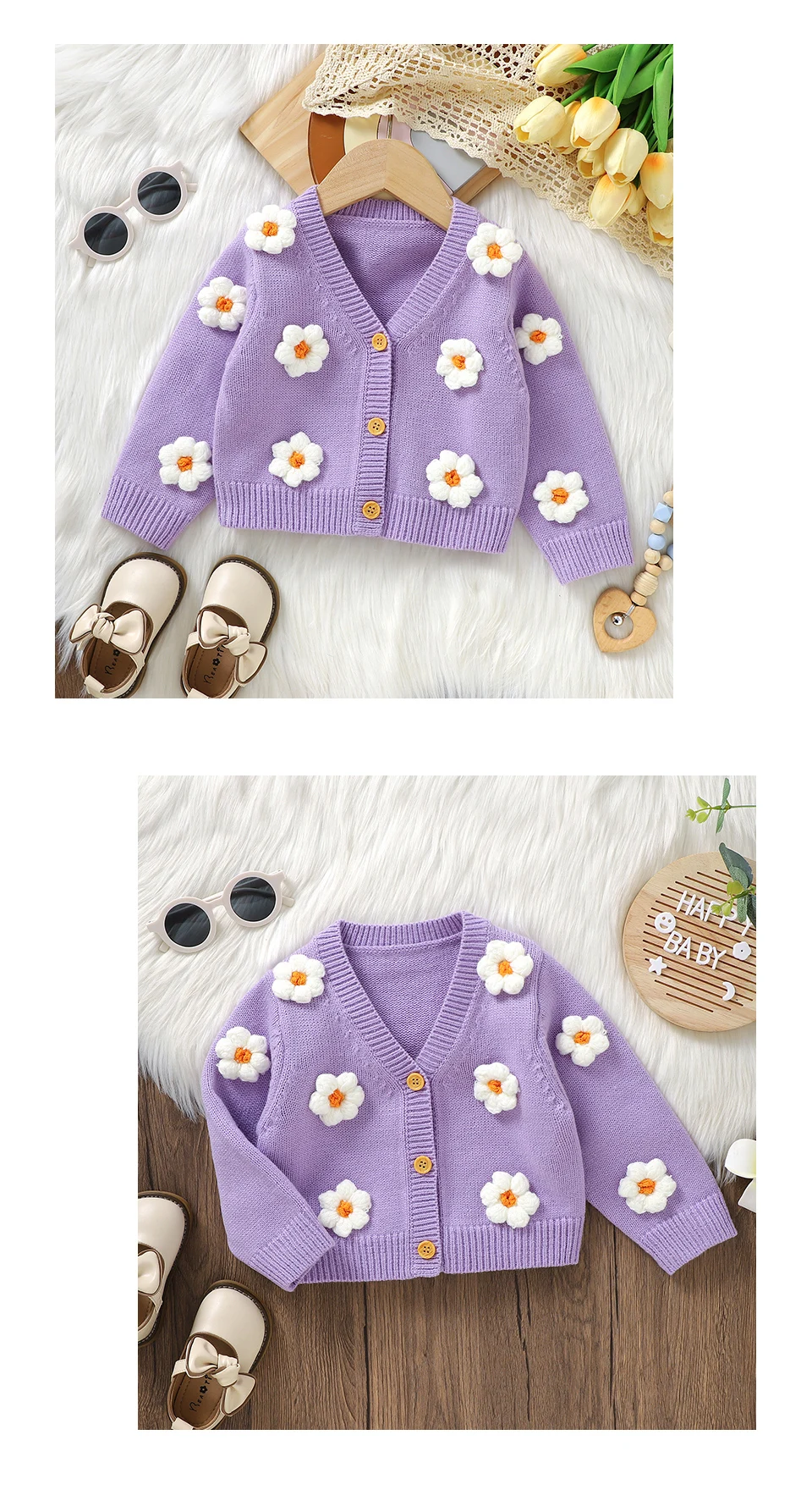 Sweet Long Sleeve V-neck Single Breasted Baby Girls Spring & Fall Coat Knitted Acrylic Babies Cardigan For 6-36 Months Newborn