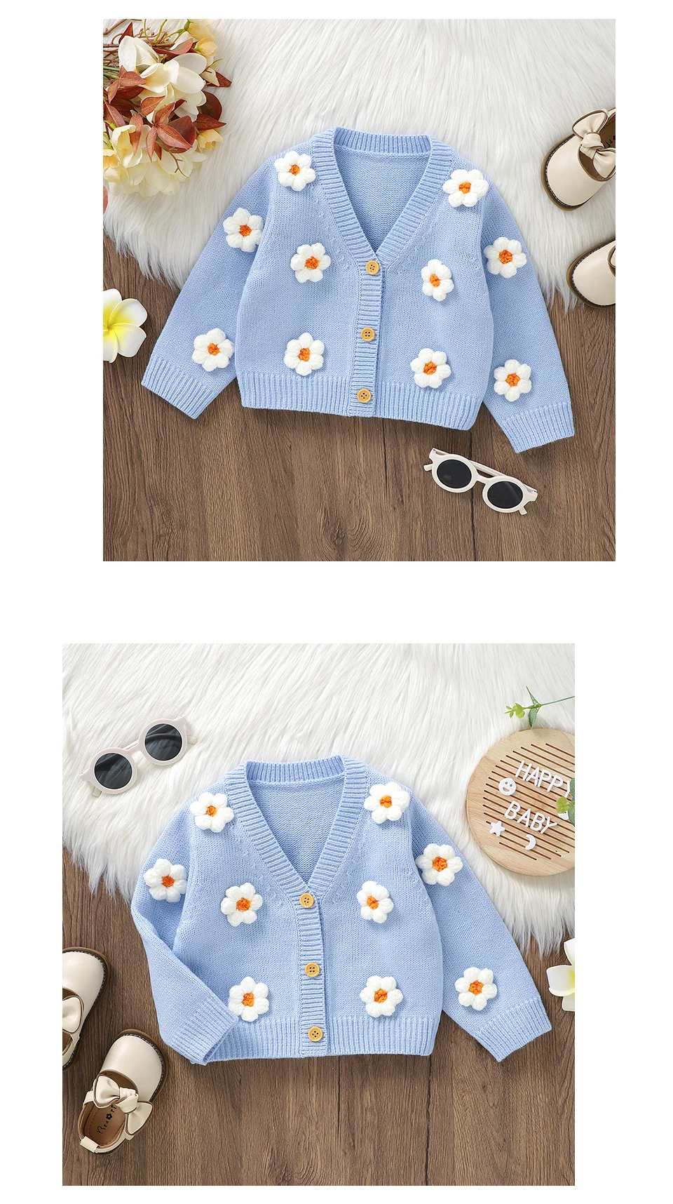 Sweet Long Sleeve V-neck Single Breasted Baby Girls Spring & Fall Coat Knitted Acrylic Babies Cardigan For 6-36 Months Newborn