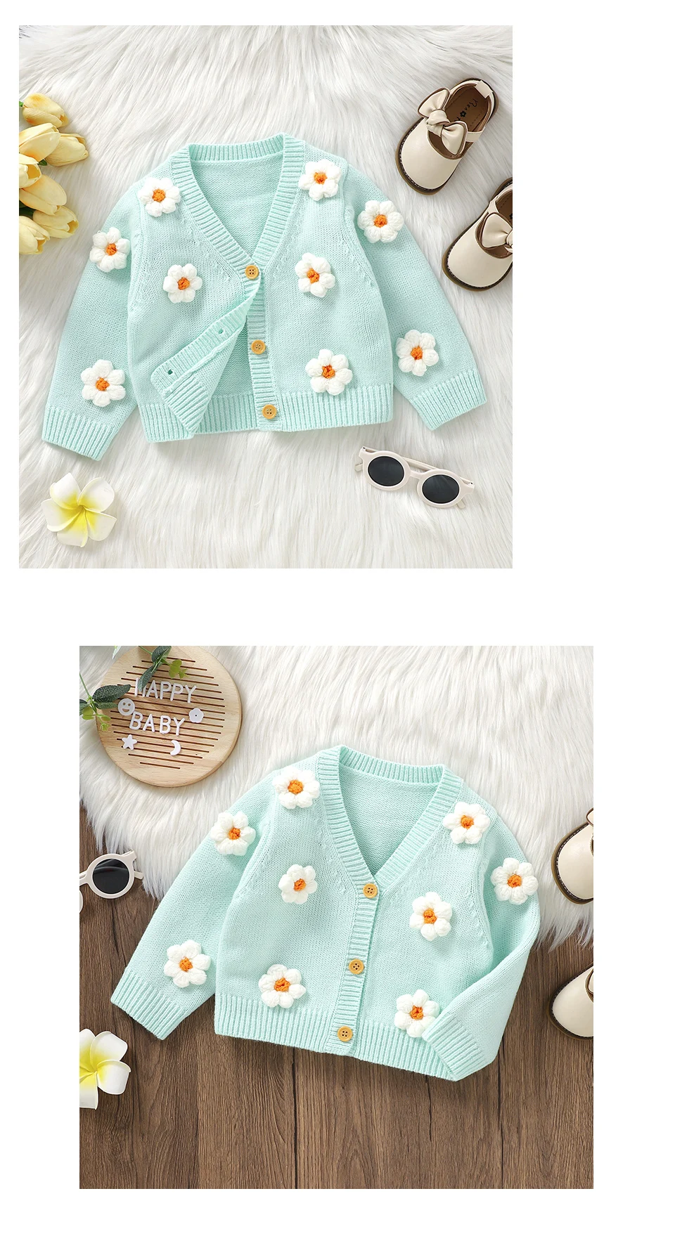 Sweet Long Sleeve V-neck Single Breasted Baby Girls Spring & Fall Coat Knitted Acrylic Babies Cardigan For 6-36 Months Newborn