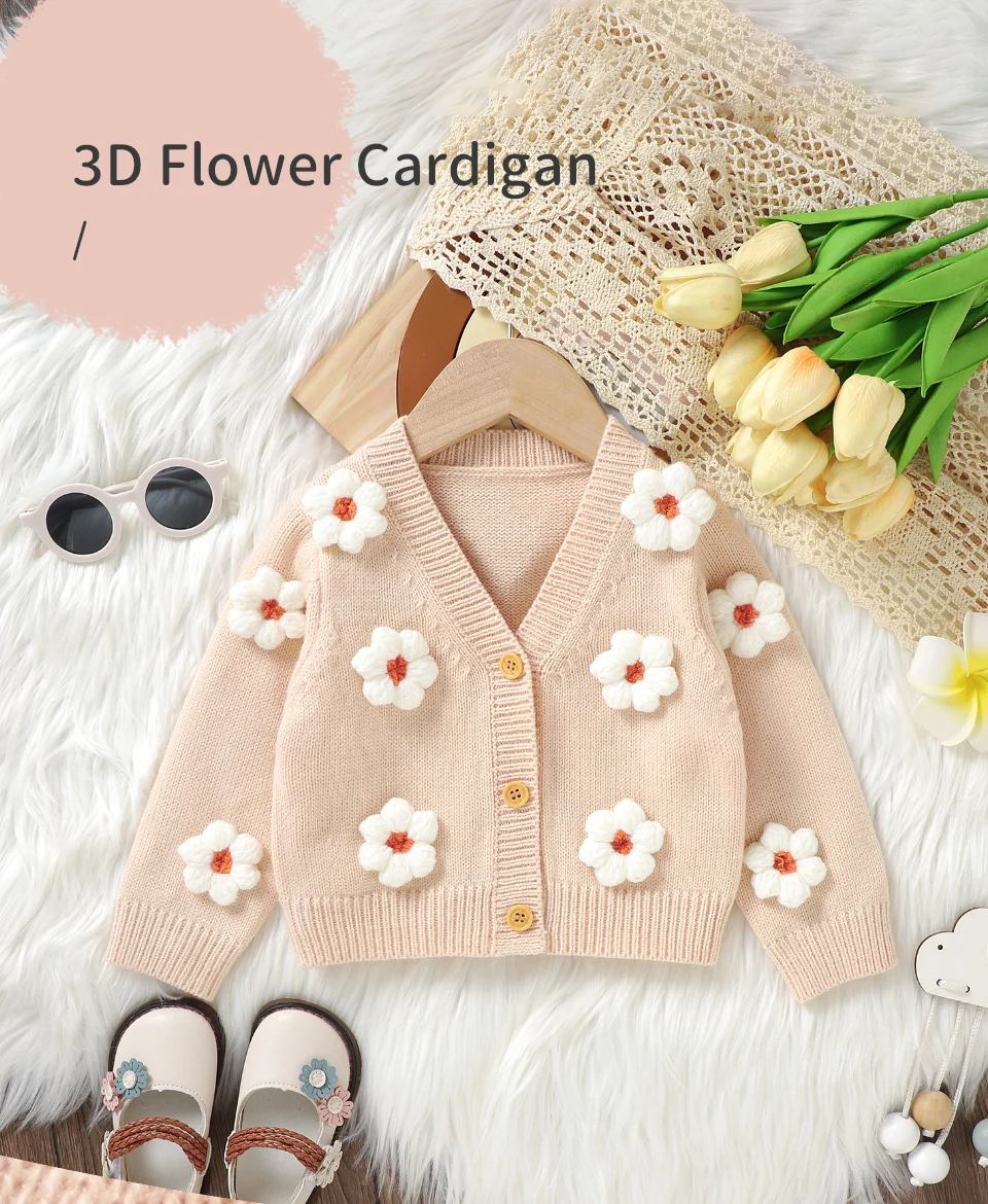 Sweet Long Sleeve V-neck Single Breasted Baby Girls Spring & Fall Coat Knitted Acrylic Babies Cardigan For 6-36 Months Newborn