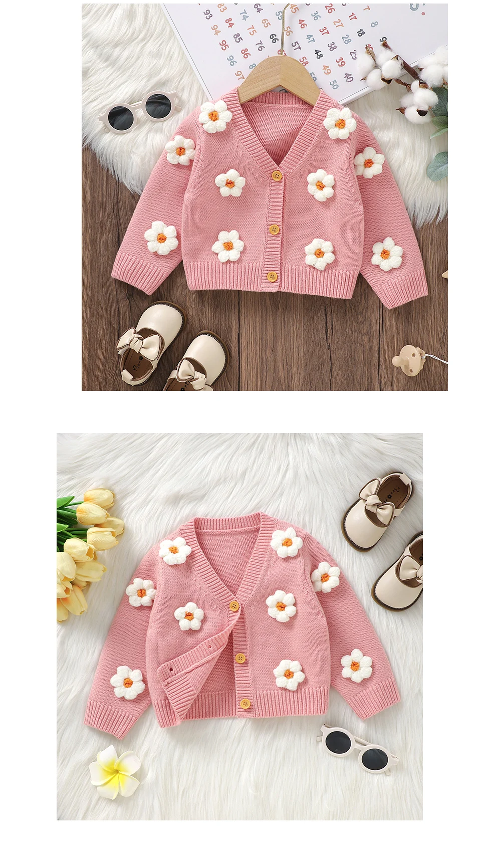 Sweet Long Sleeve V-neck Single Breasted Baby Girls Spring & Fall Coat Knitted Acrylic Babies Cardigan For 6-36 Months Newborn