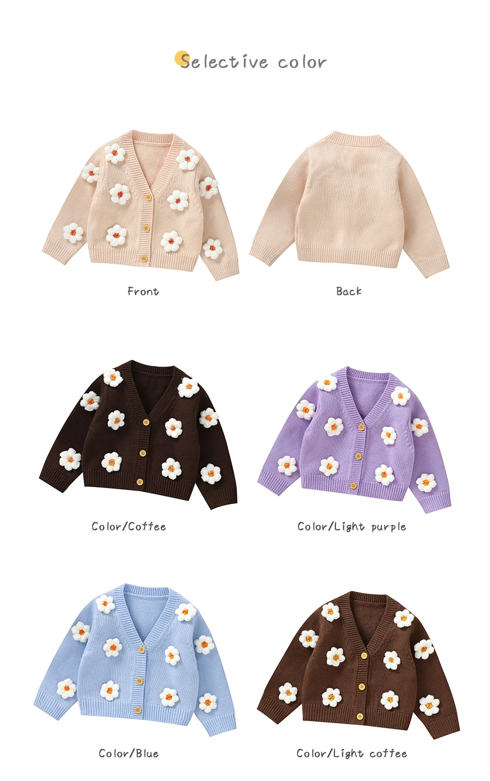 Sweet Long Sleeve V-neck Single Breasted Baby Girls Spring & Fall Coat Knitted Acrylic Babies Cardigan For 6-36 Months Newborn