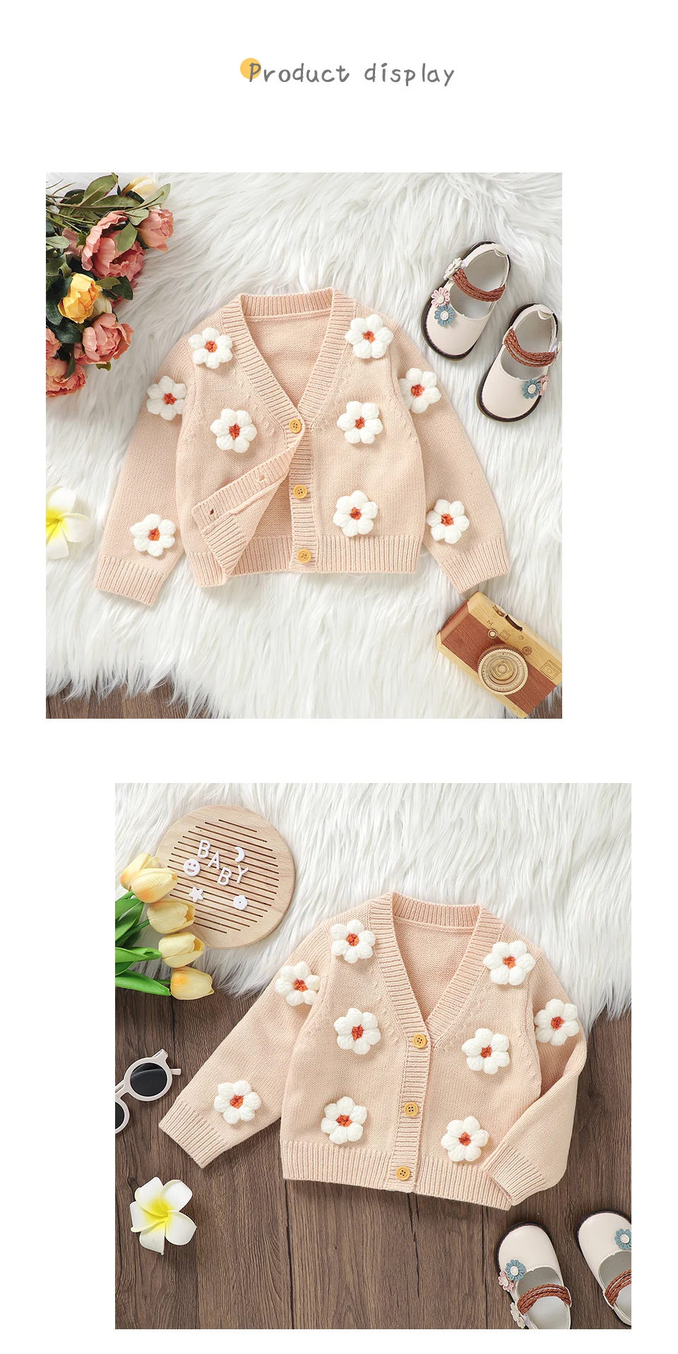 Sweet Long Sleeve V-neck Single Breasted Baby Girls Spring & Fall Coat Knitted Acrylic Babies Cardigan For 6-36 Months Newborn